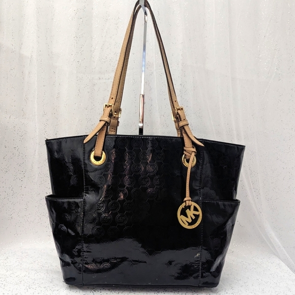 Michael Kors Handbags - Michael Kors Tote Signature Black Glossy Shiny Patent Leather Logo East West EUC